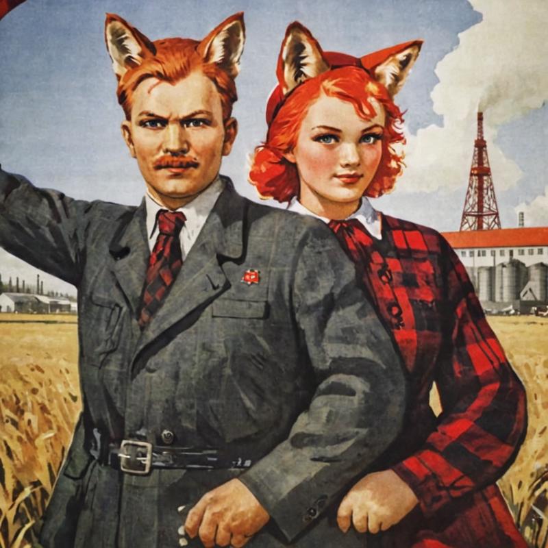 02981-1570405258-soviet poster fox girl with fox ears and man, red and white hair, dressed in plaid shirt, standing in field near the factory, _l.png